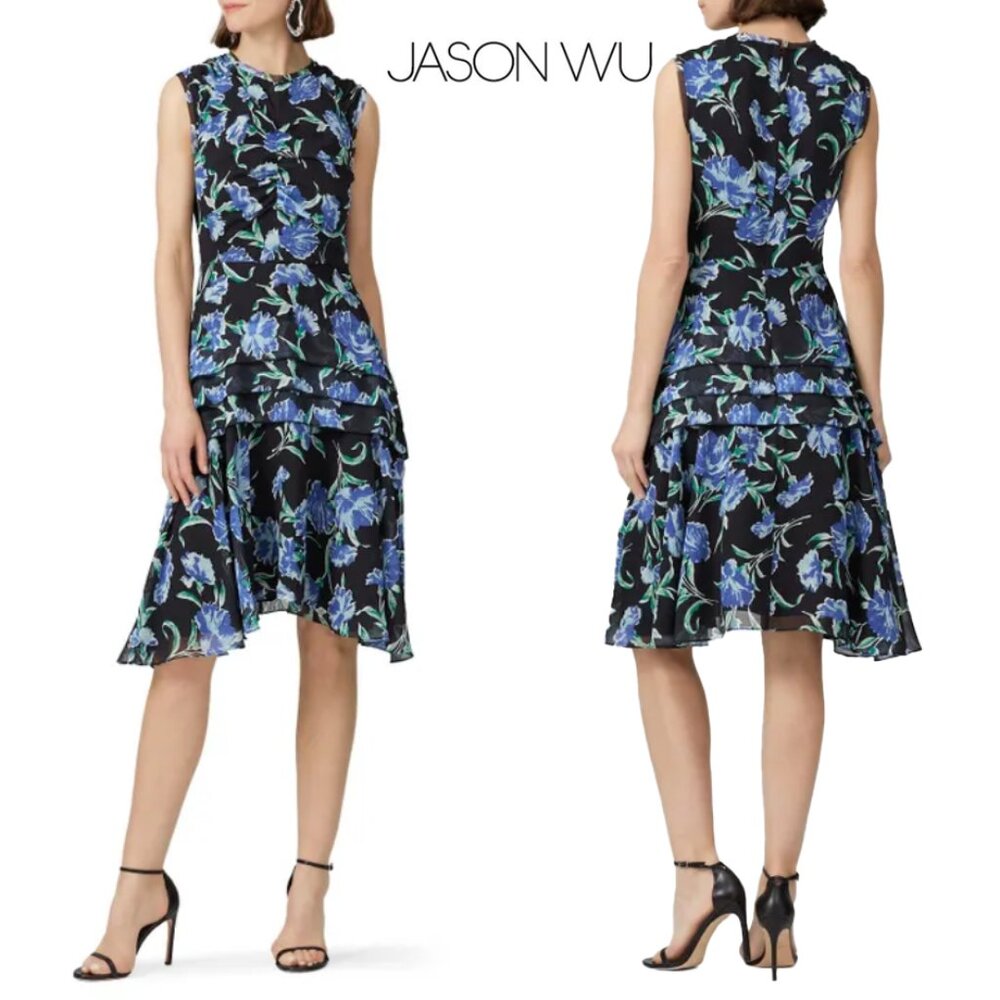 JASON WU COLLECTION Black Chiffon Floral Printed Fit & Flare Dress